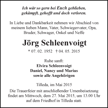 Traueranzeige von Jörg Schleenvoigt von WVG - Wochenspiegel SGH