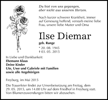 Traueranzeige von Ilse Diemar von Mitteldeutsche Zeitung Naumburg/Nebra