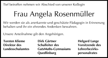 Traueranzeige von Angela Rosenmüller von Mitteldeutsche Zeitung Quedlinburg