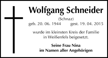Traueranzeige von Wolfgang Schneider von Mitteldeutsche Zeitung Weißenfels