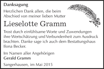 Traueranzeige von Lieselotte Gramm von Super Sonntag SGH Mansf. Land