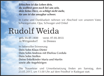 Traueranzeige von Rudolf Weida von WVG - Wochenspiegel Dessau / Köthen