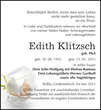 Traueranzeige von Edith Klitzsch von Mitteldeutsche Zeitung Sangerhausen