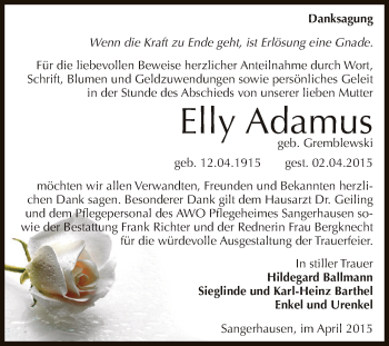 Traueranzeige von Elly Adamus von Super Sonntag SGH Mansf. Land