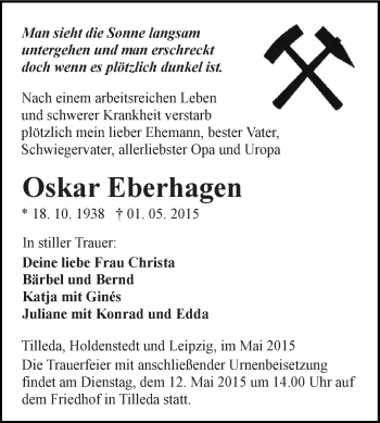 Traueranzeige von Oskar Eberhagen von Super Sonntag SGH Mansf. Land
