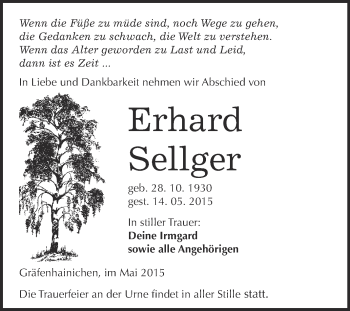 Traueranzeige von Erhard Sellger von WVG - Wochenspiegel Wittenberg