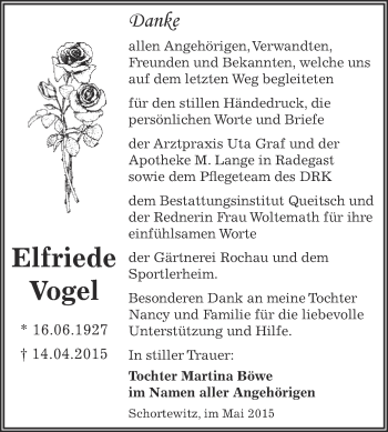 Traueranzeige von Elfriede Vogel von WVG - Wochenspiegel Dessau / Köthen