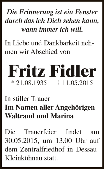 Traueranzeige von Fritz Fidler von WVG - Wochenspiegel Dessau / Köthen