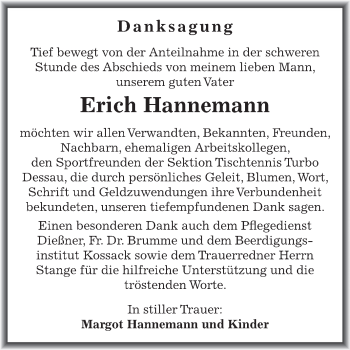 Traueranzeige von Erich Hannemann von WVG - Wochenspiegel Dessau / Köthen