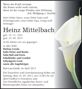 Traueranzeige von Heinz Mittelbach von Mitteldeutsche Zeitung Merseburg/Querfurt