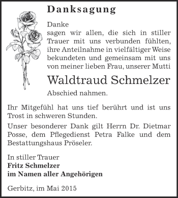 Traueranzeige von Waldtraud Schmelzer von Super Sonntag Bernburg