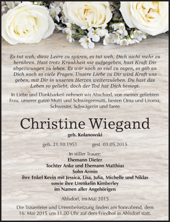 Traueranzeige von Christine Wiegand von Mitteldeutsche Zeitung Mansfelder Land
