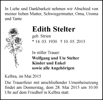 Traueranzeige von Edith Stelter von Mitteldeutsche Zeitung Sangerhausen