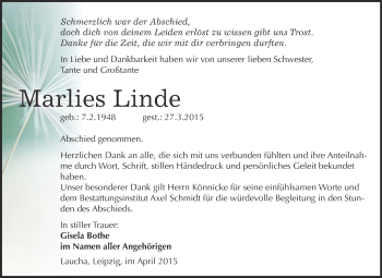 Traueranzeige von Marlies Linde von WVG - Wochenspiegel NMB / WSF / ZTZ