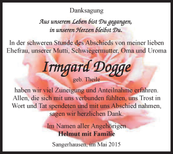 Traueranzeige von Irmgard Dogge von Super Sonntag SGH Mansf. Land