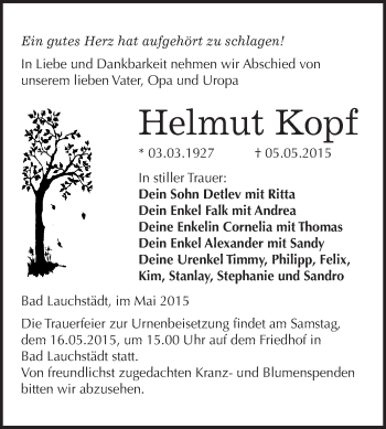 Traueranzeige von Helmut Kopf von WVG - Wochenspiegel Merseburg