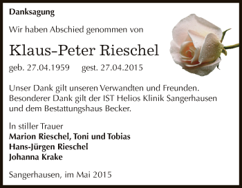 Traueranzeige von Klaus-Peter Rieschel von Super Sonntag SGH Mansf. Land