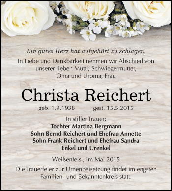 Traueranzeige von Christa Reichert von Super Sonntag Merseburg