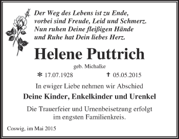 Traueranzeige von Helene Puttrich von WVG - Wochenspiegel Dessau / Köthen