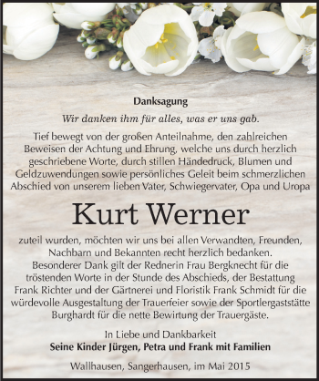 Traueranzeige von Kurt Werner von Mitteldeutsche Zeitung Sangerhausen
