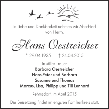 Traueranzeige von Hans Oestreicher von Super Sonntag Zeitz