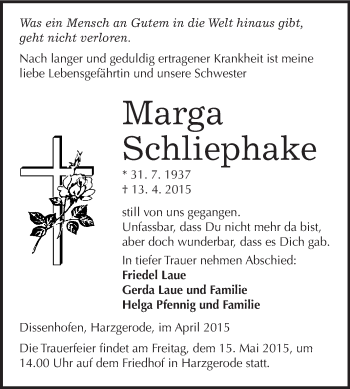 Traueranzeige von Marga Schliephake von WVG - Wochenspiegel Quedlinburg
