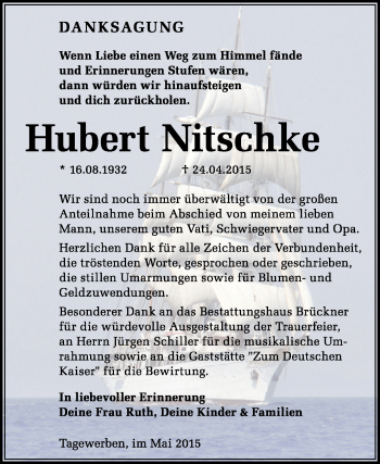 Traueranzeige von Hubert Nitschke von Super Sonntag Aschersleben