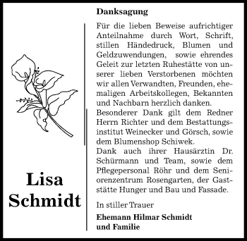 Traueranzeige von Lisa Schmidt von Mitteldeutsche Zeitung Bernburg