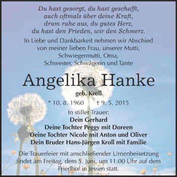 Traueranzeige von Angelika Hanke von WVG - Wochenspiegel Wittenberg
