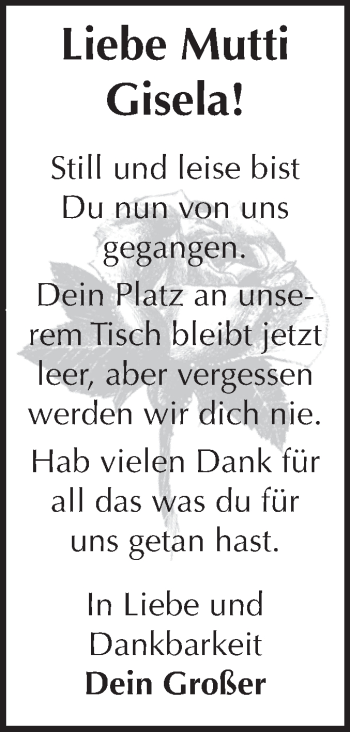Traueranzeige von Gisela  von Super Sonntag Bernburg