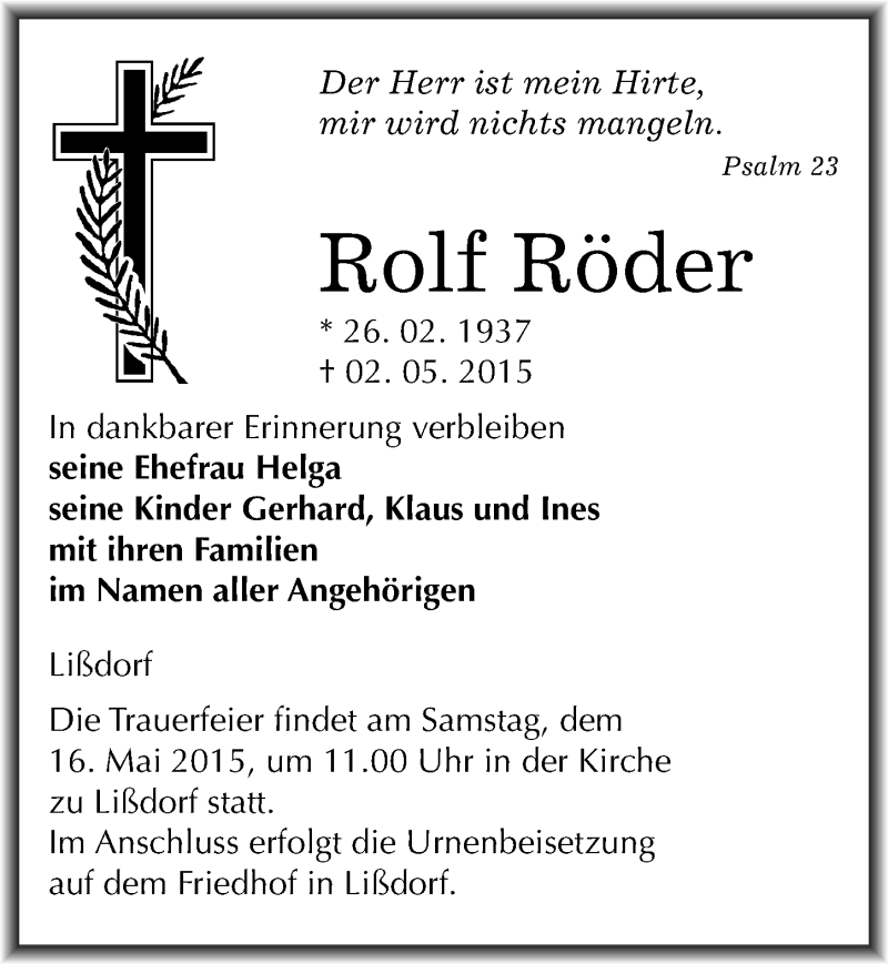  Traueranzeige für Rolf Röder vom 06.05.2015 aus Mitteldeutsche Zeitung Naumburg/Nebra