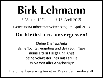 Traueranzeige von Birk Lehmann von Mitteldeutsche Zeitung Wittenberg