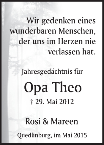 Traueranzeige von Theo  von WVG - Wochenspiegel Quedlinburg