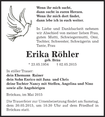 Traueranzeige von Erika Köhler von Super Sonntag Zeitz