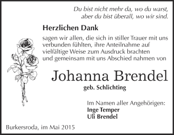 Traueranzeige von Johanna Brendel von WVG - Wochenspiegel NMB / WSF / ZTZ
