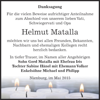 Traueranzeige von Helmut Matalla von Super Sonntag Bernburg