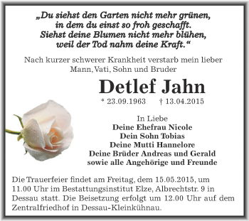 Traueranzeige von Detlef Jahn von WVG - Wochenspiegel Dessau / Köthen