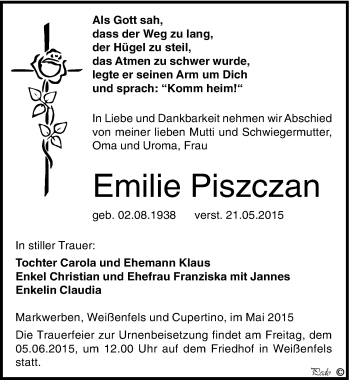 Traueranzeige von Emilie Piszczan von Mitteldeutsche Zeitung Weißenfels