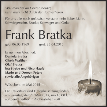 Traueranzeige von Frank Bratka von Super Sonntag Aschersleben