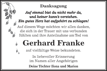Traueranzeige von Gerhard Franke von WVG - Wochenspiegel Dessau / Köthen