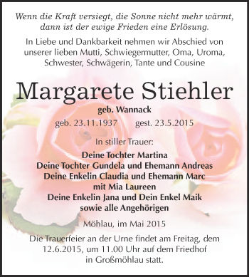 Traueranzeige von Margarete Stiehler von WVG - Wochenspiegel Wittenberg