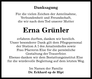Traueranzeige von Erna Grünler von Mitteldeutsche Zeitung Dessau-Roßlau