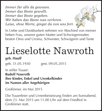Traueranzeige von Lieselotte Nawroth von Mitteldeutsche Zeitung Mansfelder Land
