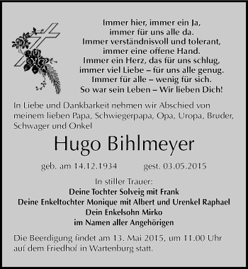 Traueranzeige von Hugo Bihlmeyer von Mitteldeutsche Zeitung Wittenberg