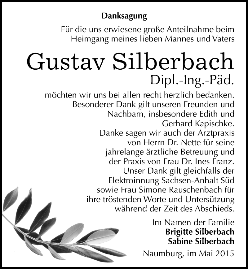  Traueranzeige für Gustav Silberbach vom 16.05.2015 aus Mitteldeutsche Zeitung Naumburg/Nebra