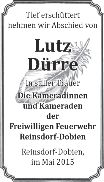 Traueranzeige von Lutz Dürre von Super Sonntag Wittenberg