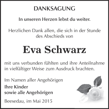 Traueranzeige von Eva Schwarz von Super Sonntag Bernburg