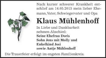 Traueranzeige von Klaus Mühlenhoff von WVG - Wochenspiegel Dessau / Köthen