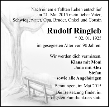 Traueranzeige von Rudolf Ringleb von Mitteldeutsche Zeitung Sangerhausen