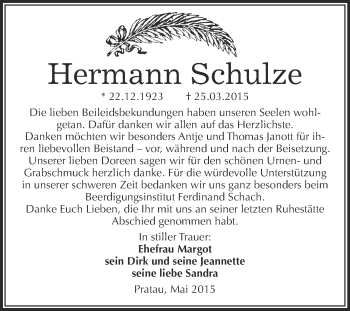 Traueranzeige von Hermann Schulze von Super Sonntag Wittenberg